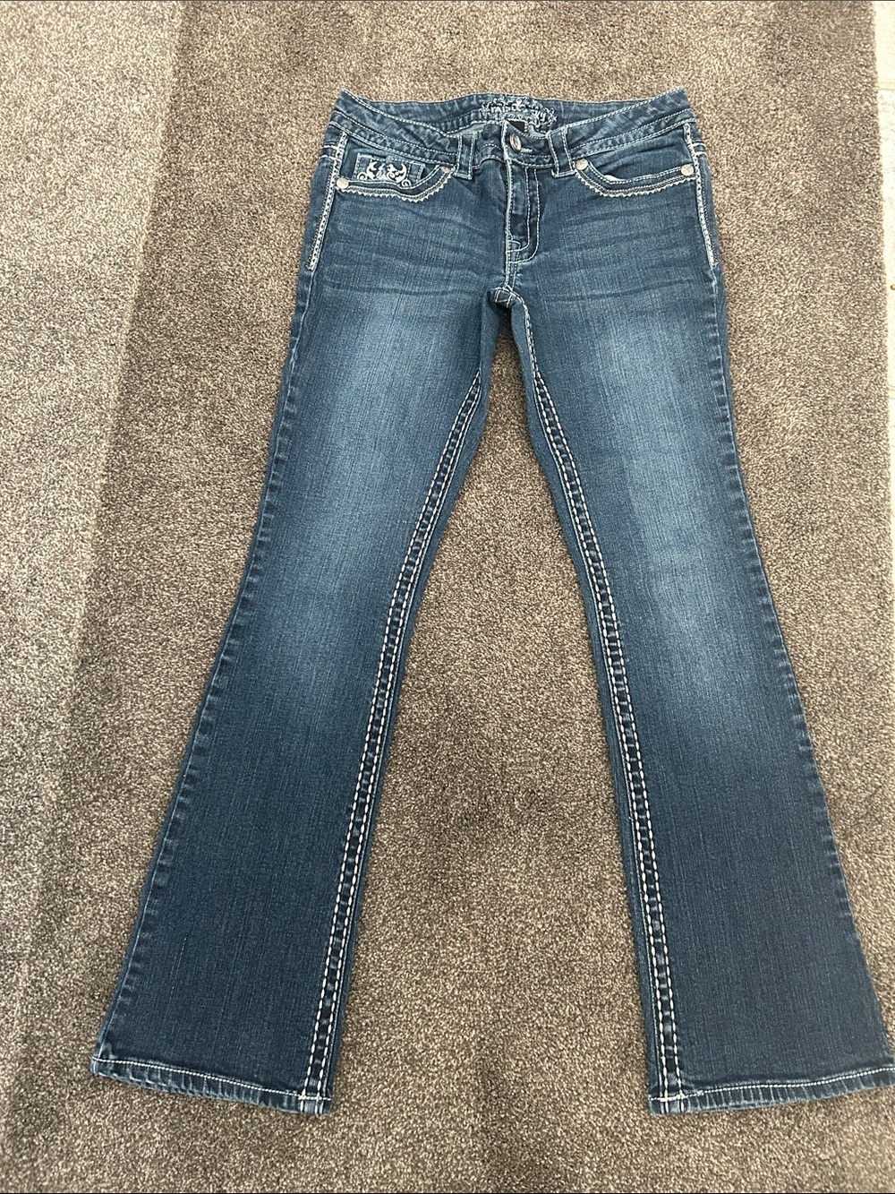 Paisley Sky Medium Blue Flare Jeans with Contrast Stitching